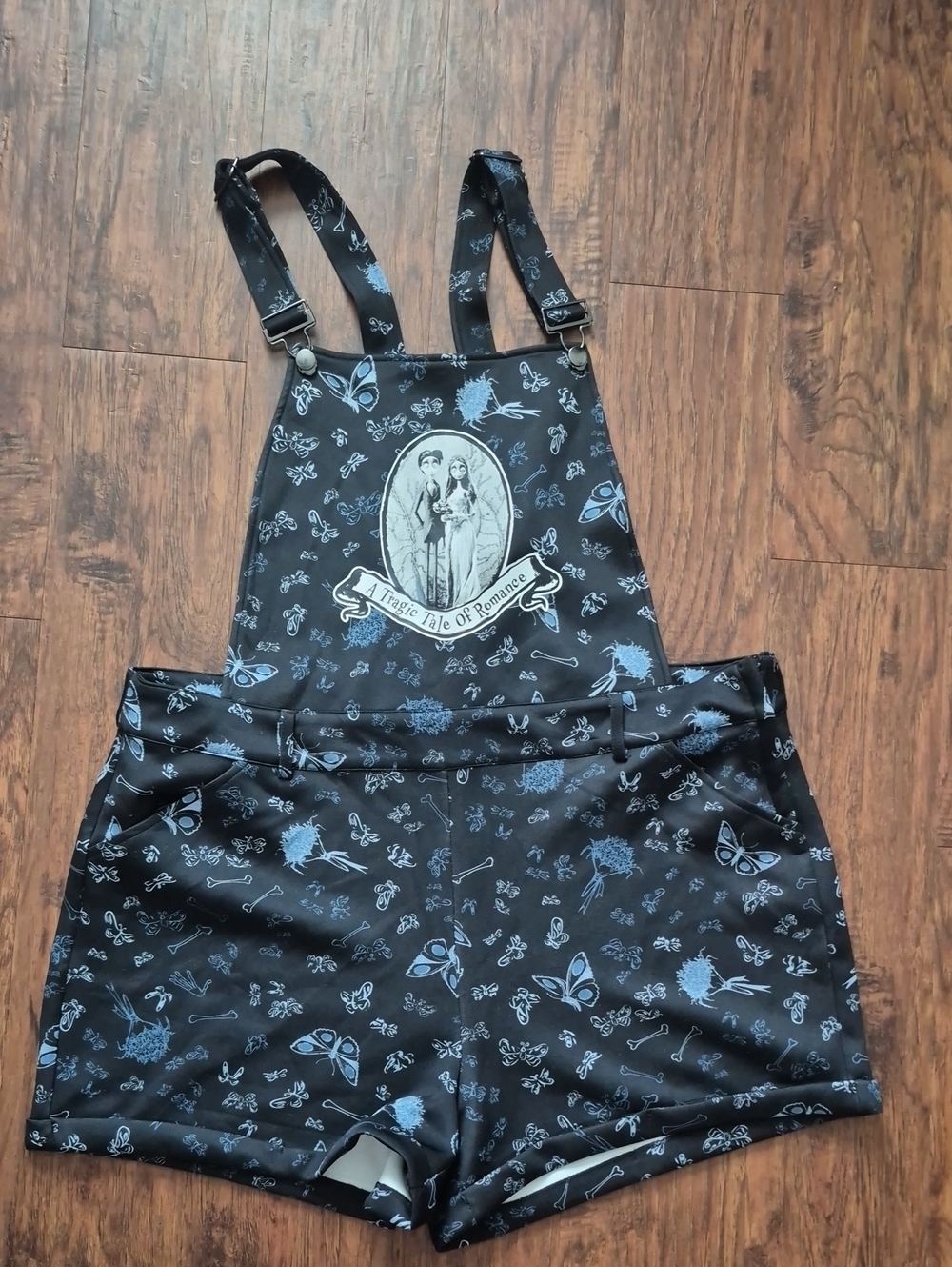 Corpse Bride Black Floral Print Overall Shorts